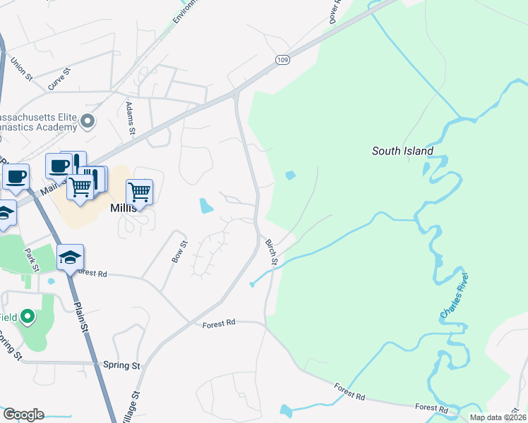map of restaurants, bars, coffee shops, grocery stores, and more near 60 Village Street in Millis