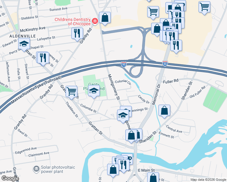map of restaurants, bars, coffee shops, grocery stores, and more near 249 Montgomery Street in Chicopee