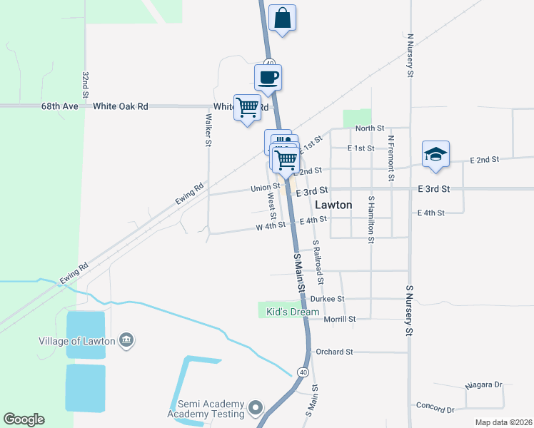 map of restaurants, bars, coffee shops, grocery stores, and more near 112 West Street in Lawton