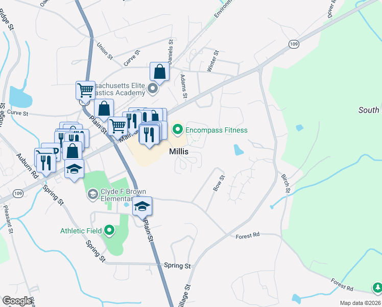 map of restaurants, bars, coffee shops, grocery stores, and more near 22 Hemlock Circle in Millis