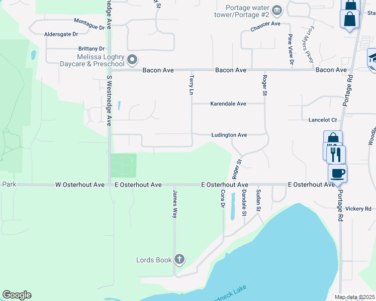 map of restaurants, bars, coffee shops, grocery stores, and more near 656 Cliffwood Avenue in Portage
