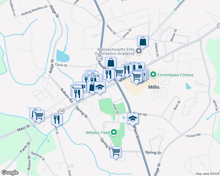 map of restaurants, bars, coffee shops, grocery stores, and more near 878 Main Street in Millis