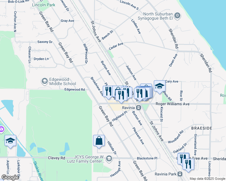 map of restaurants, bars, coffee shops, grocery stores, and more near 566 Bellevue Place in Highland Park