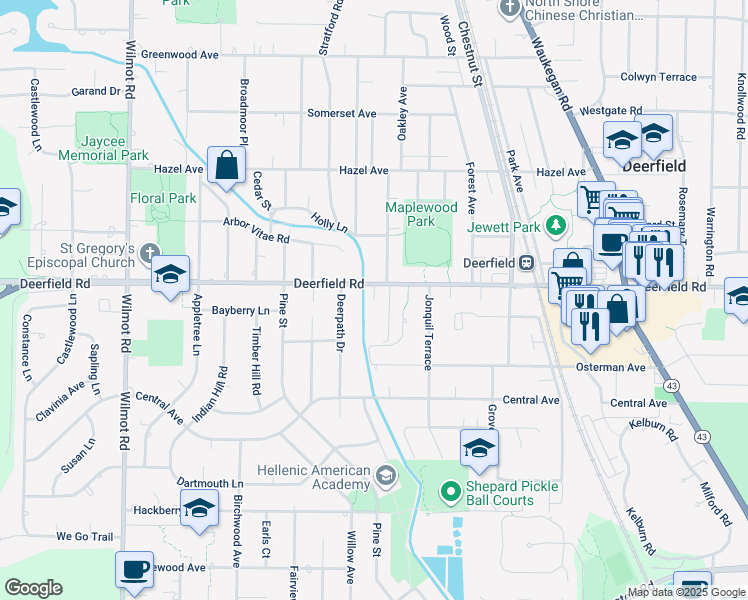 map of restaurants, bars, coffee shops, grocery stores, and more near 1153 Deerfield Road in Deerfield