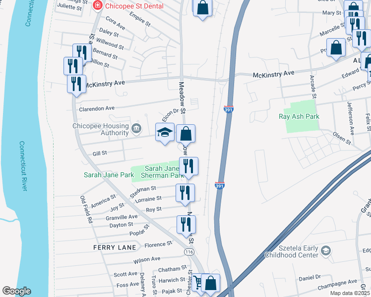 map of restaurants, bars, coffee shops, grocery stores, and more near 720 Meadow Street in Chicopee