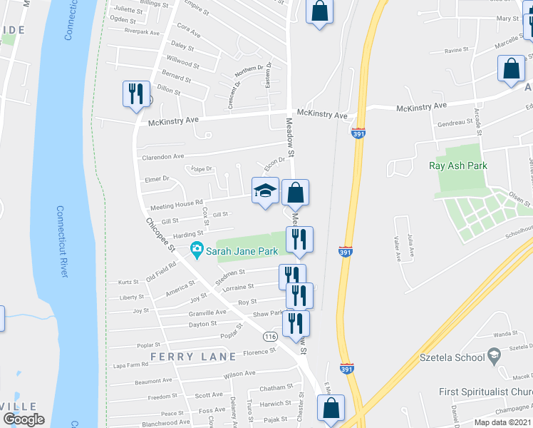 map of restaurants, bars, coffee shops, grocery stores, and more near 720 Meadow Street in Chicopee