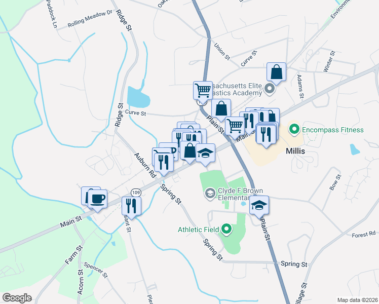 map of restaurants, bars, coffee shops, grocery stores, and more near in Millis