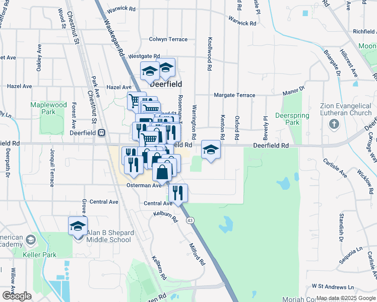 map of restaurants, bars, coffee shops, grocery stores, and more near 568 Whittier Avenue in Deerfield