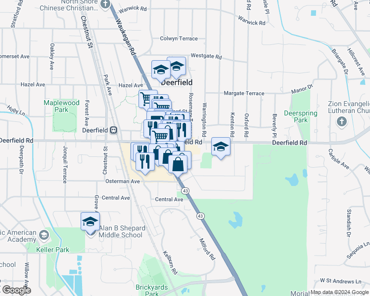 map of restaurants, bars, coffee shops, grocery stores, and more near 725 Waukegan Road in Deerfield