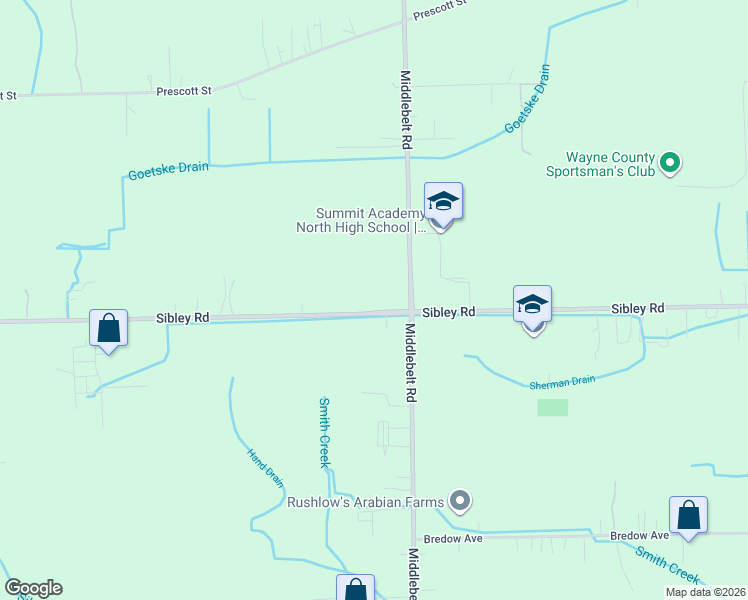 map of restaurants, bars, coffee shops, grocery stores, and more near 29492 Sibley Road in Romulus