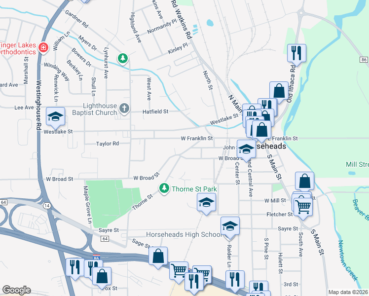 map of restaurants, bars, coffee shops, grocery stores, and more near 206 Thorne Street in Horseheads