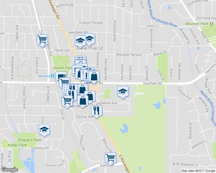 map of restaurants, bars, coffee shops, grocery stores, and more near 541 Deerfield Road in Deerfield