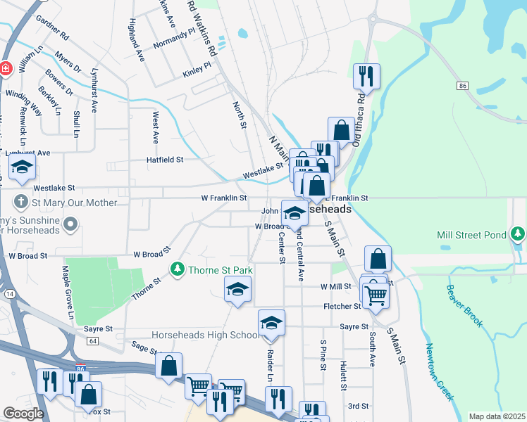 map of restaurants, bars, coffee shops, grocery stores, and more near Legion Ln in Horseheads