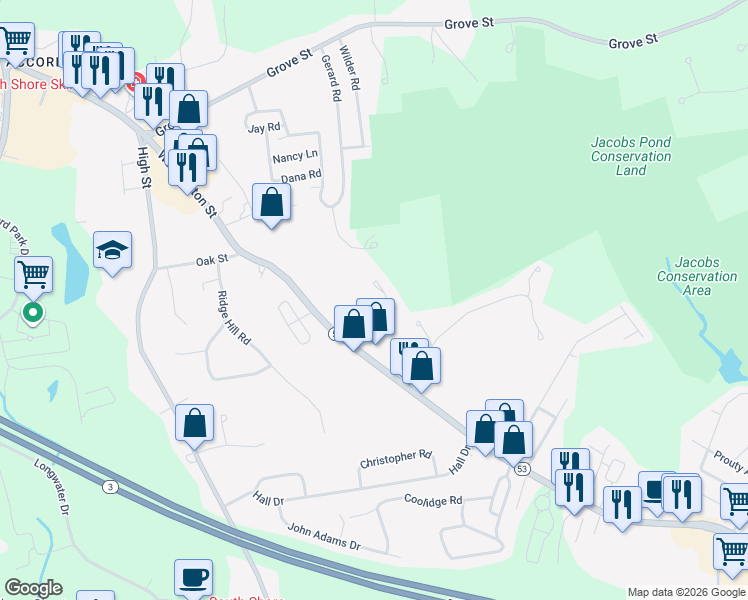 map of restaurants, bars, coffee shops, grocery stores, and more near 263 Washington Street in Norwell
