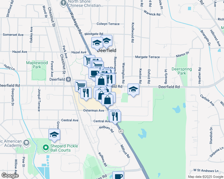 map of restaurants, bars, coffee shops, grocery stores, and more near 568 Whittier Avenue in Deerfield