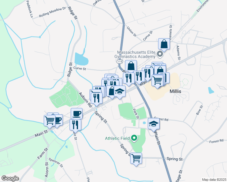 map of restaurants, bars, coffee shops, grocery stores, and more near 943 Main Street in Millis