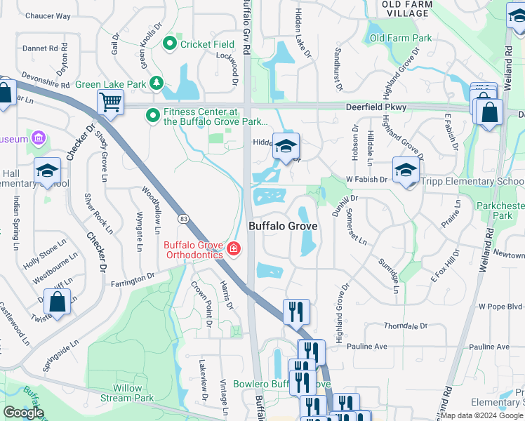 map of restaurants, bars, coffee shops, grocery stores, and more near 726 Alsace Circle in Buffalo Grove