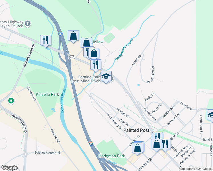 map of restaurants, bars, coffee shops, grocery stores, and more near 35 Victory Highway in Painted Post