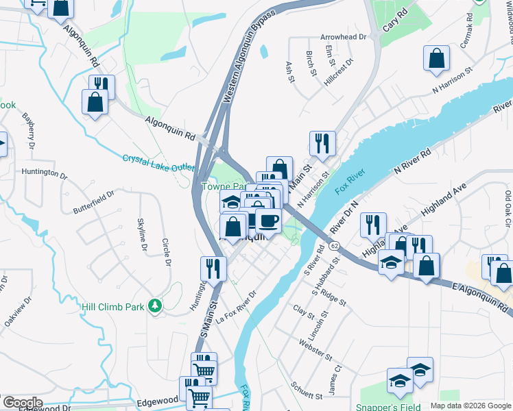 map of restaurants, bars, coffee shops, grocery stores, and more near 100 South Main Street in Algonquin