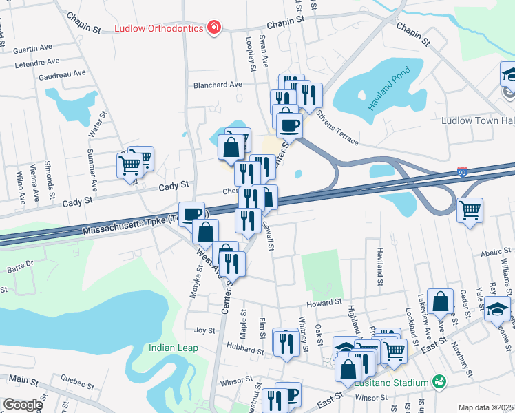 map of restaurants, bars, coffee shops, grocery stores, and more near 406 Highway 21 in Ludlow