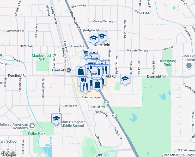 map of restaurants, bars, coffee shops, grocery stores, and more near 775 Waukegan Road in Deerfield