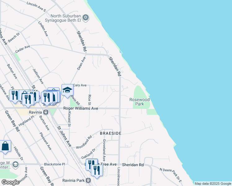 map of restaurants, bars, coffee shops, grocery stores, and more near 807 Bronson Lane in Highland Park