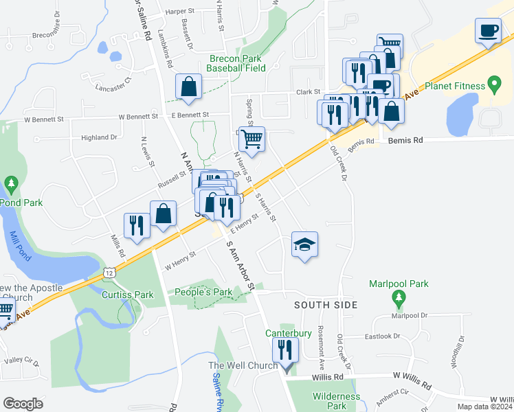map of restaurants, bars, coffee shops, grocery stores, and more near 100 South Harris Street in Saline