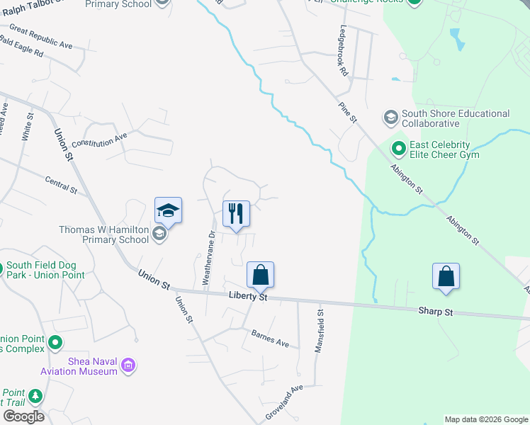 map of restaurants, bars, coffee shops, grocery stores, and more near 15 Tee Time Lane in Weymouth