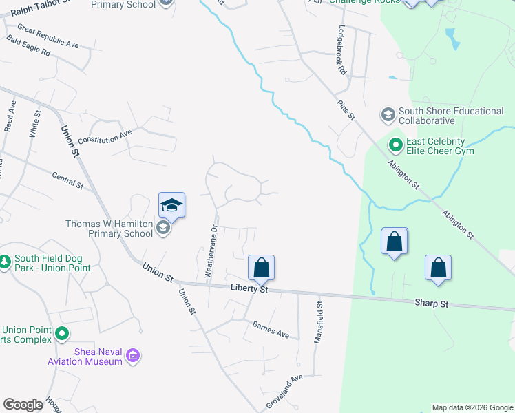 map of restaurants, bars, coffee shops, grocery stores, and more near 15 Tee Time Lane in Weymouth