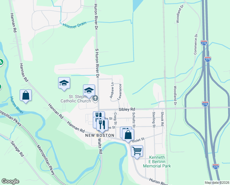 map of restaurants, bars, coffee shops, grocery stores, and more near 18641 Lawerance in Huron Charter Township