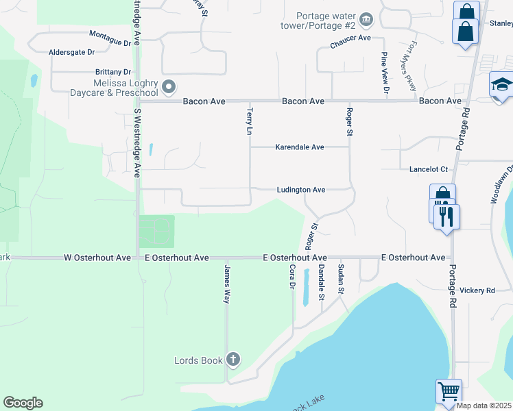 map of restaurants, bars, coffee shops, grocery stores, and more near 656 Cliffwood Avenue in Portage
