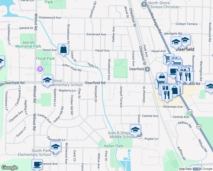 map of restaurants, bars, coffee shops, grocery stores, and more near 1155 Deerfield Road in Deerfield