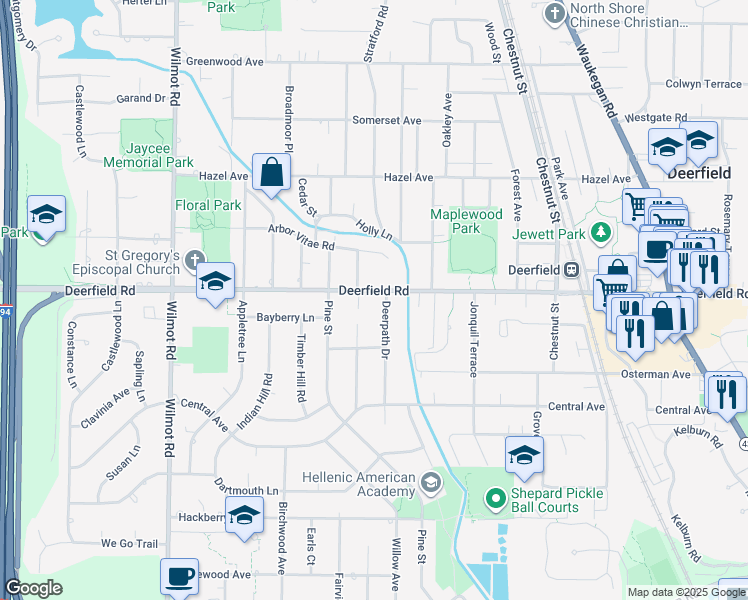 map of restaurants, bars, coffee shops, grocery stores, and more near 730 Deerpath Drive in Deerfield