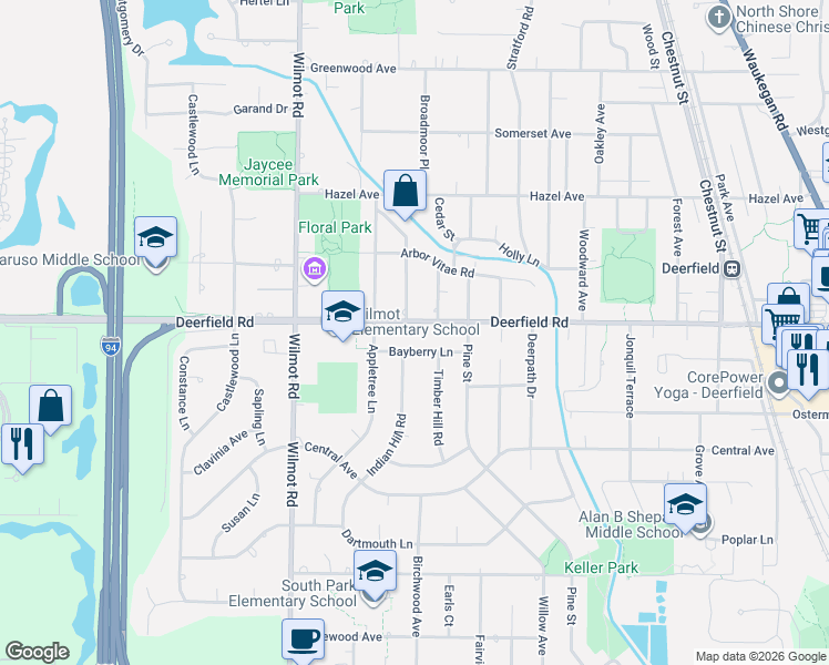 map of restaurants, bars, coffee shops, grocery stores, and more near 1401 Bayberry Lane in Deerfield