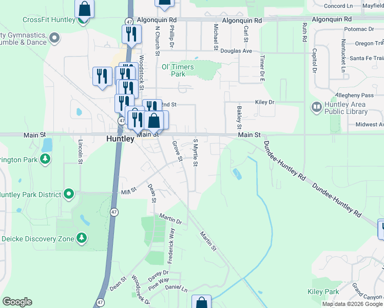 map of restaurants, bars, coffee shops, grocery stores, and more near 11207 South Myrtle Street in Huntley