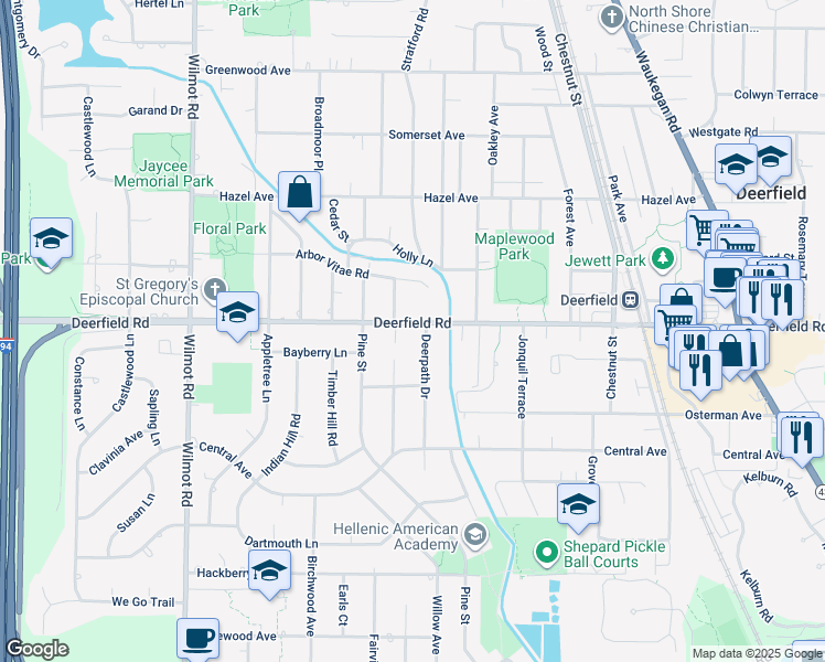 map of restaurants, bars, coffee shops, grocery stores, and more near 730 Deerpath Drive in Deerfield