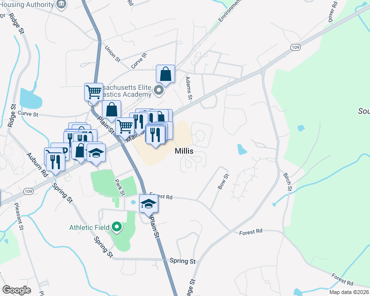 map of restaurants, bars, coffee shops, grocery stores, and more near 1 StoneyBrook Drive in Millis