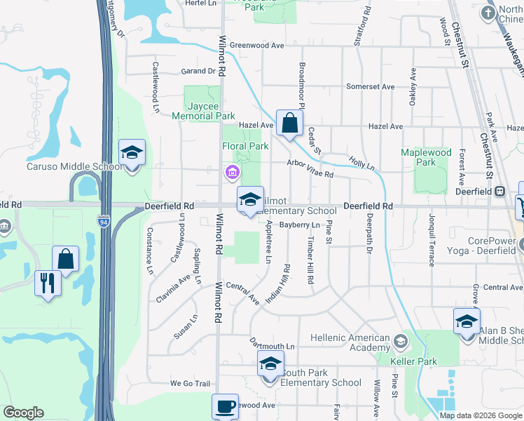 map of restaurants, bars, coffee shops, grocery stores, and more near 1441 Bayberry Lane in Deerfield