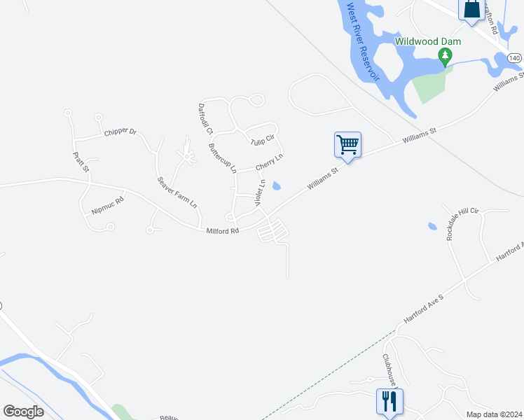 map of restaurants, bars, coffee shops, grocery stores, and more near 5 Violet Lane in Grafton