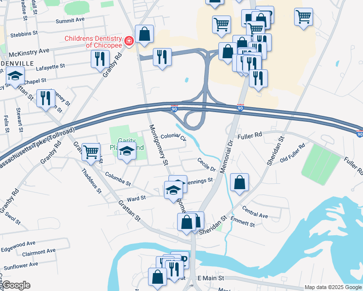 map of restaurants, bars, coffee shops, grocery stores, and more near 48 Colonial Circle in Chicopee