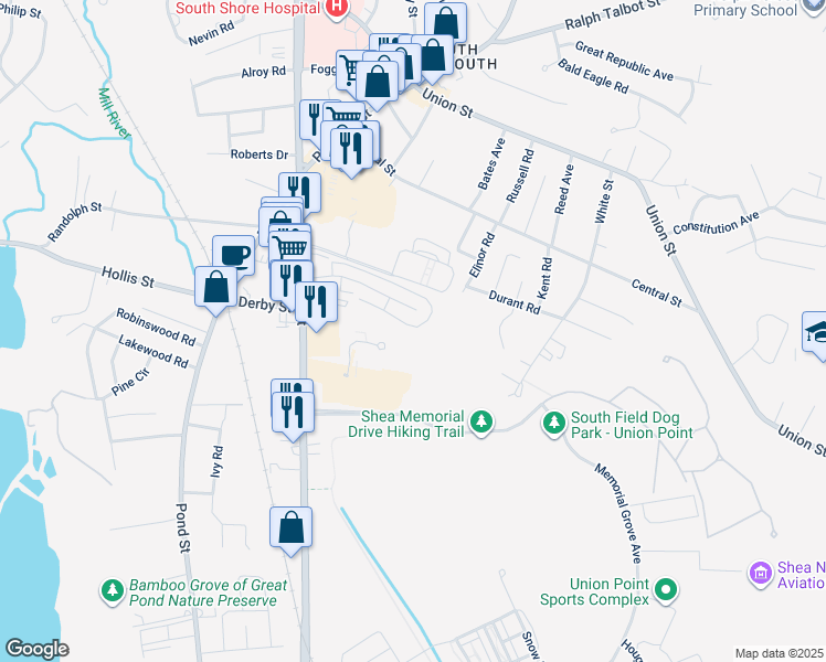 map of restaurants, bars, coffee shops, grocery stores, and more near 65 Greentree Lane in Weymouth