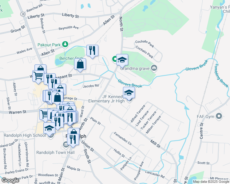 map of restaurants, bars, coffee shops, grocery stores, and more near 15 Thompson Drive in Randolph