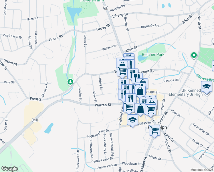 map of restaurants, bars, coffee shops, grocery stores, and more near 12 Lindberg Avenue in Randolph