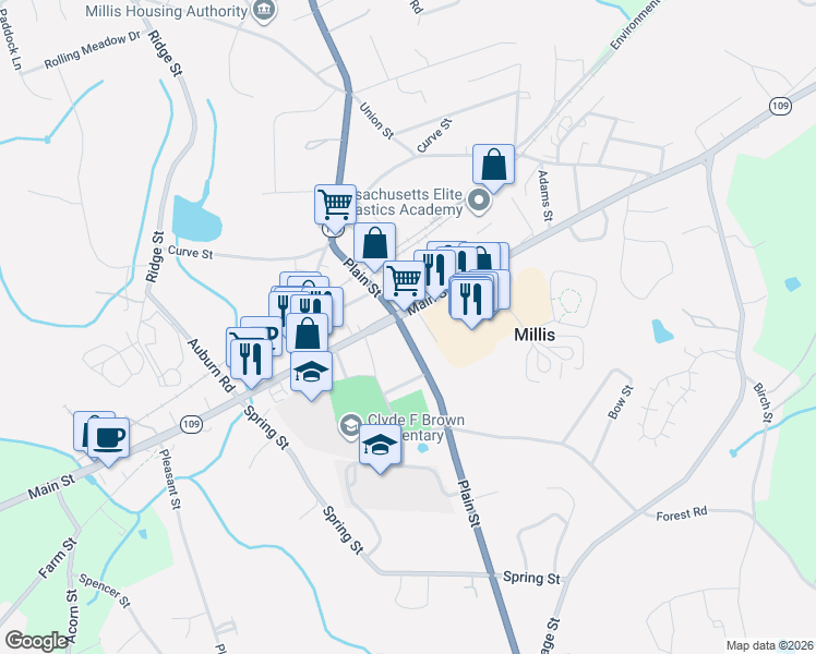 map of restaurants, bars, coffee shops, grocery stores, and more near 121 Plain Street in Millis