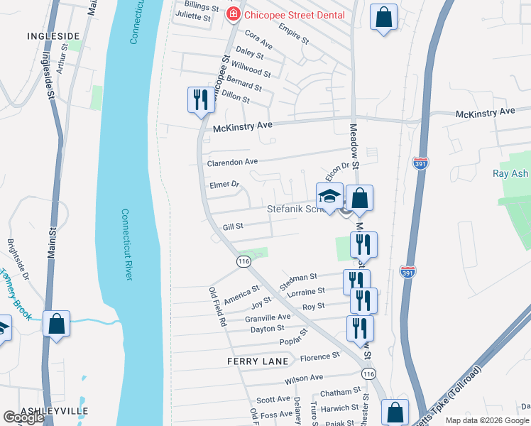 map of restaurants, bars, coffee shops, grocery stores, and more near 95 Gill Street in Chicopee