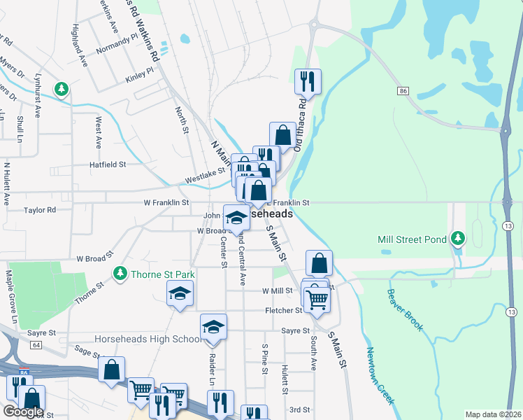 map of restaurants, bars, coffee shops, grocery stores, and more near in Horseheads