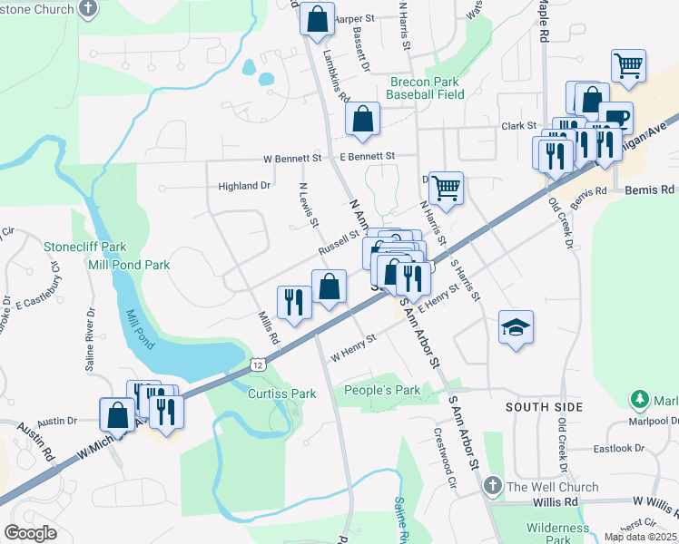 map of restaurants, bars, coffee shops, grocery stores, and more near 113 North Lewis Street in Saline