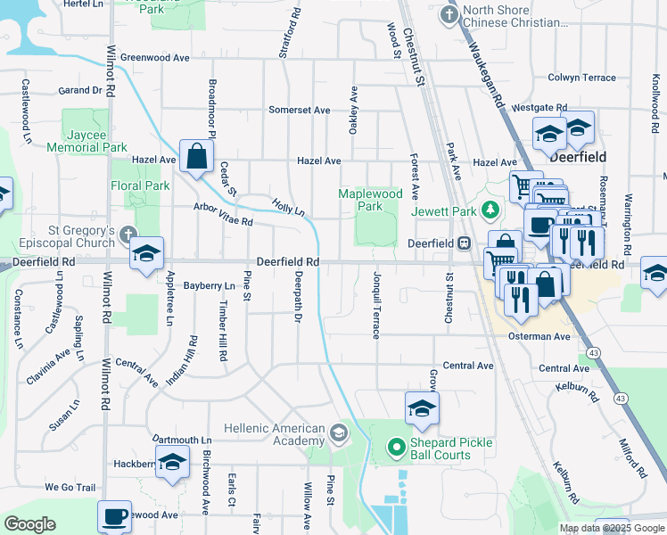 map of restaurants, bars, coffee shops, grocery stores, and more near 1155 Deerfield Road in Deerfield