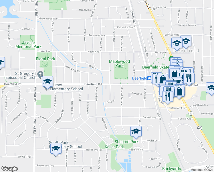 map of restaurants, bars, coffee shops, grocery stores, and more near 1155 Deerfield Road in Deerfield