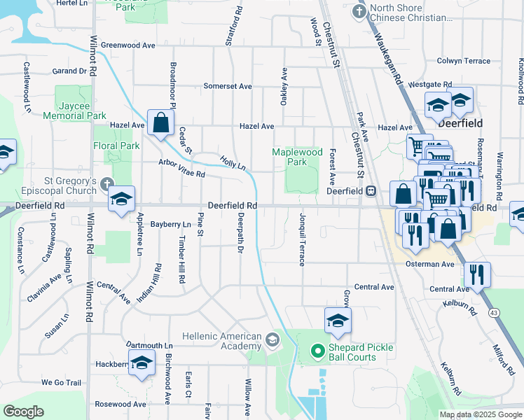 map of restaurants, bars, coffee shops, grocery stores, and more near 1155 Deerfield Road in Deerfield
